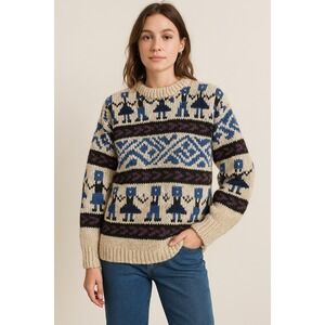 Runa Maki Hand Craft Wool Sweater Women Size L Folk Art Figures Fair Isle